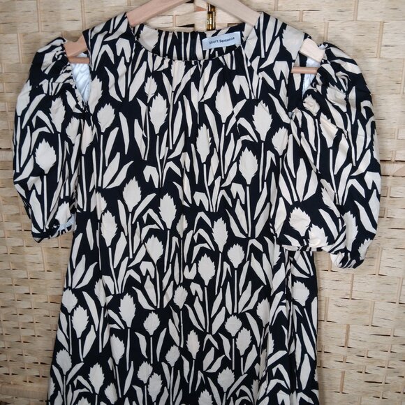 Short Sentence Puffy Sleeve Cutout Relaxed Fit Cotton Mini Dress Pockets Floral - Picture 3 of 11